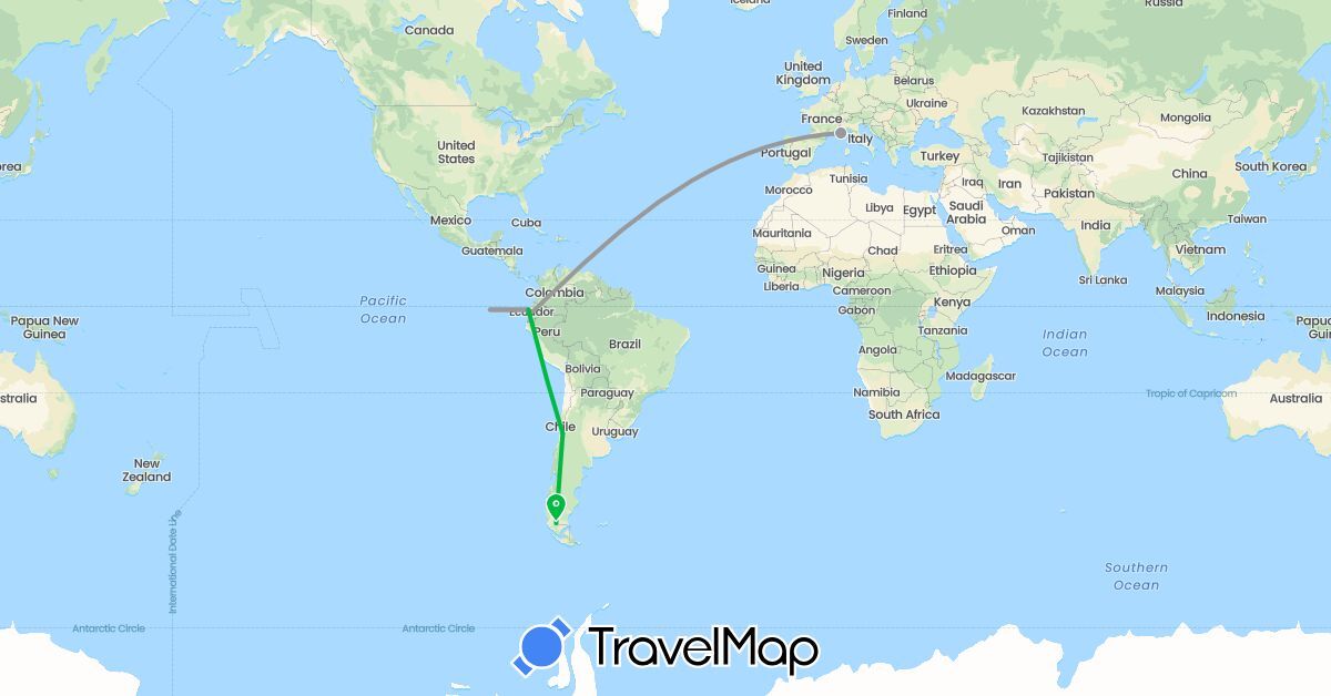 TravelMap itinerary: bus, plane in Chile, Ecuador, France (Europe, South America)